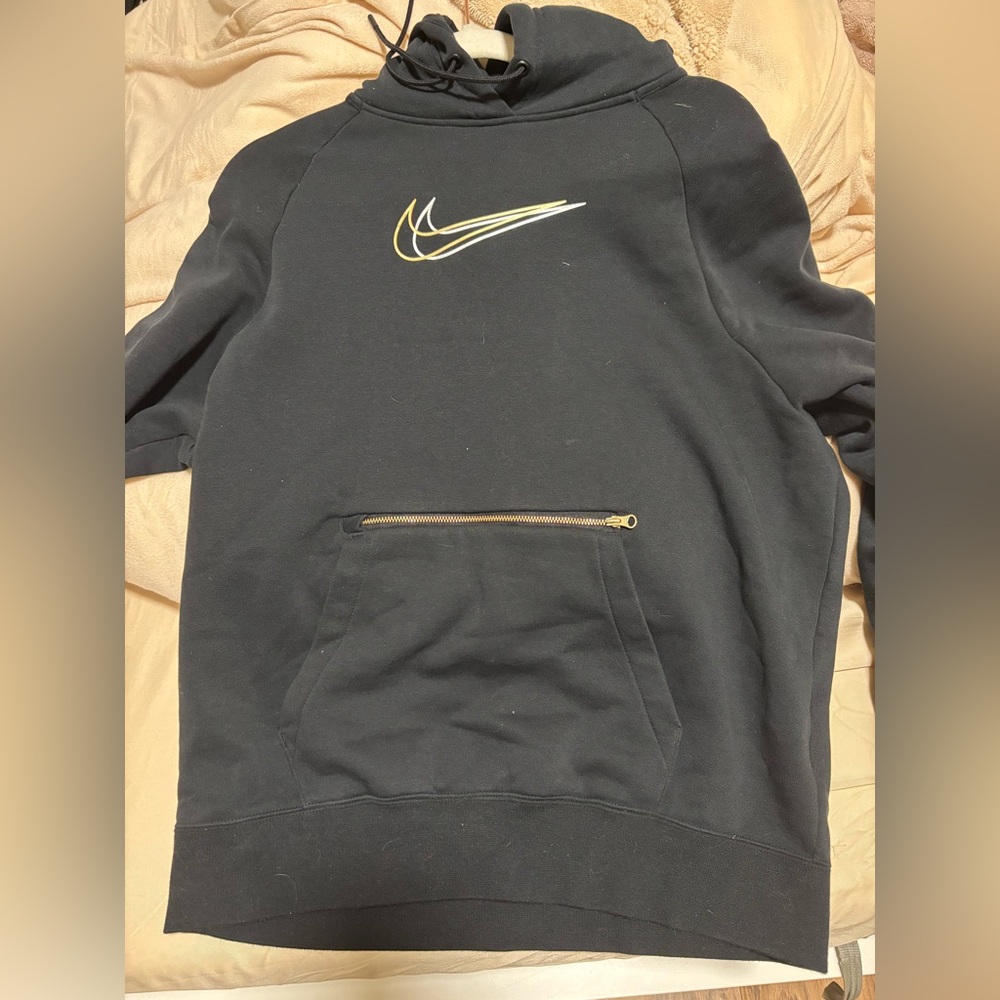 Nike Oversized Fit Black Hoodie - Double Swoosh & Gold Zip - Rare Design